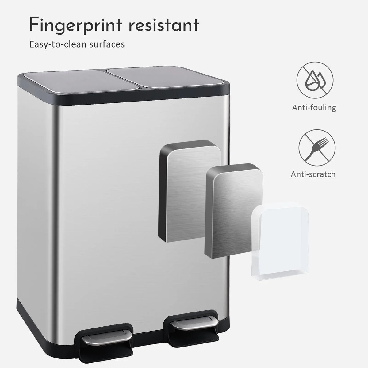 Dual Compartment Recycling Step Trash Can 13.2 Gallon Stainless Steel with 2 Removable Buckets and Lids T191508