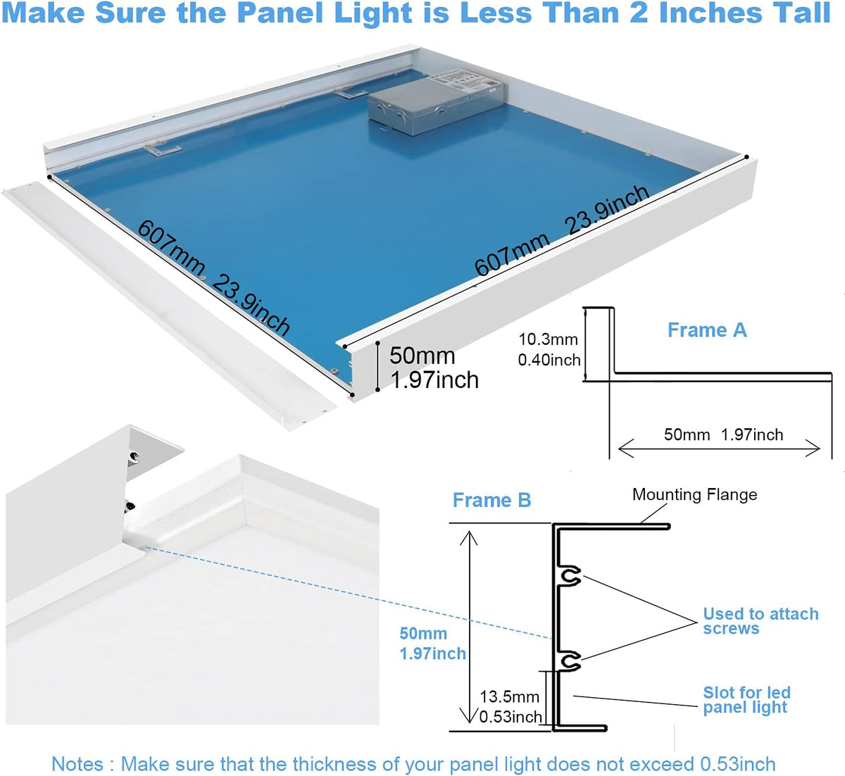 2x2 FT Surface Mount Kit for LED Flat Panel Light - Aluminum 24x24 inch Ceiling Frame Kit E606415