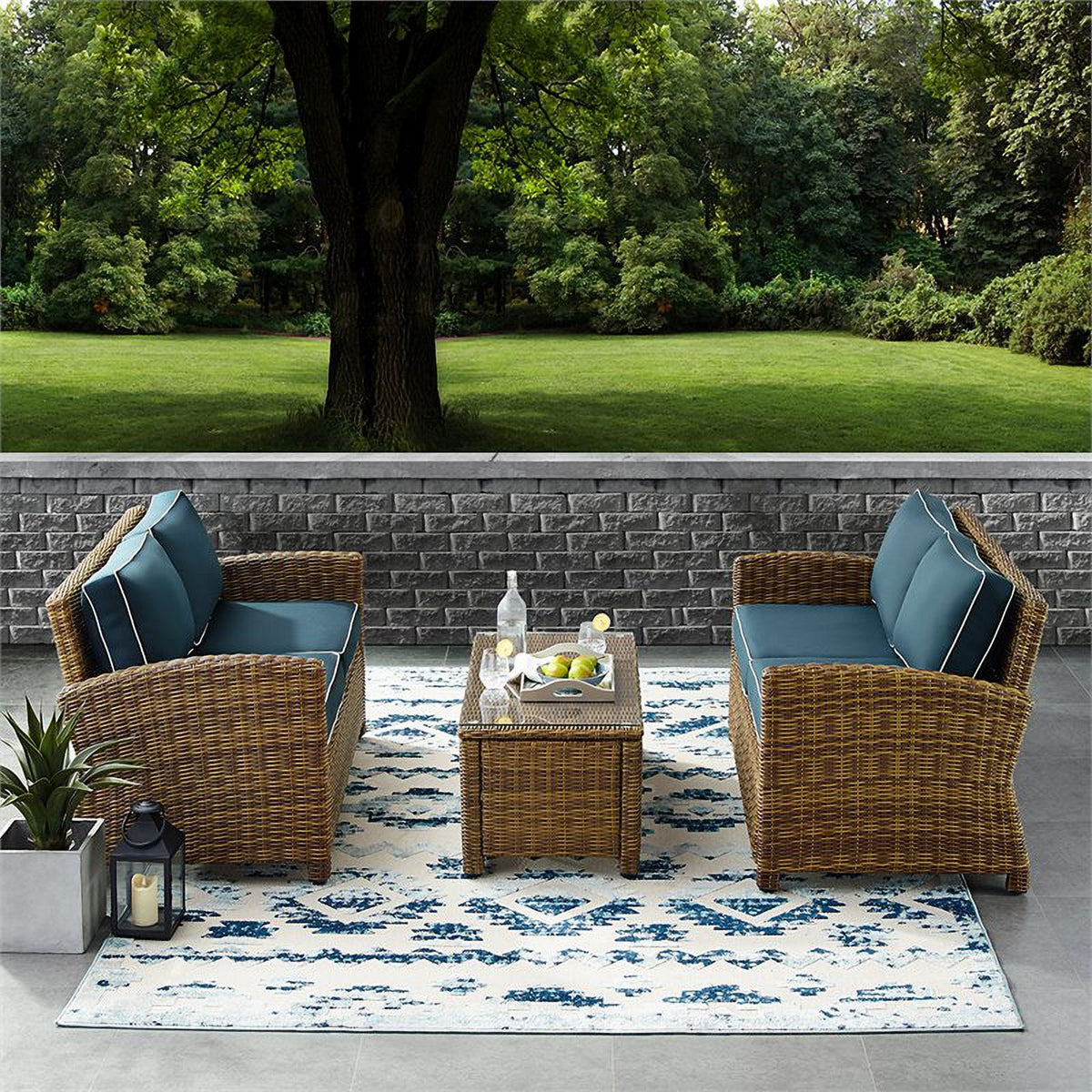 3 Piece Patio Sofa Set in Brown and Navy V56468