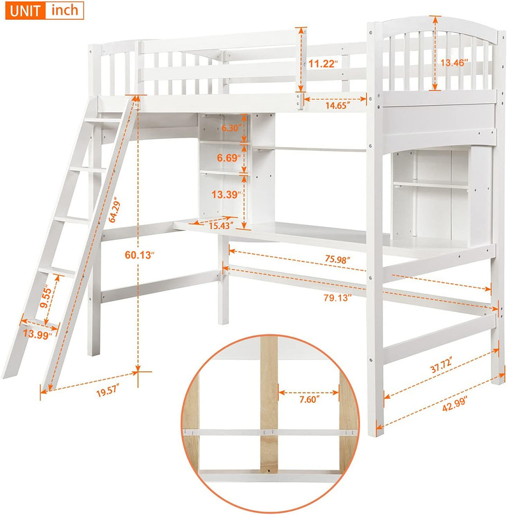 White Twin Wood Loft Bed with Desk and Bookcase Shelves H776928