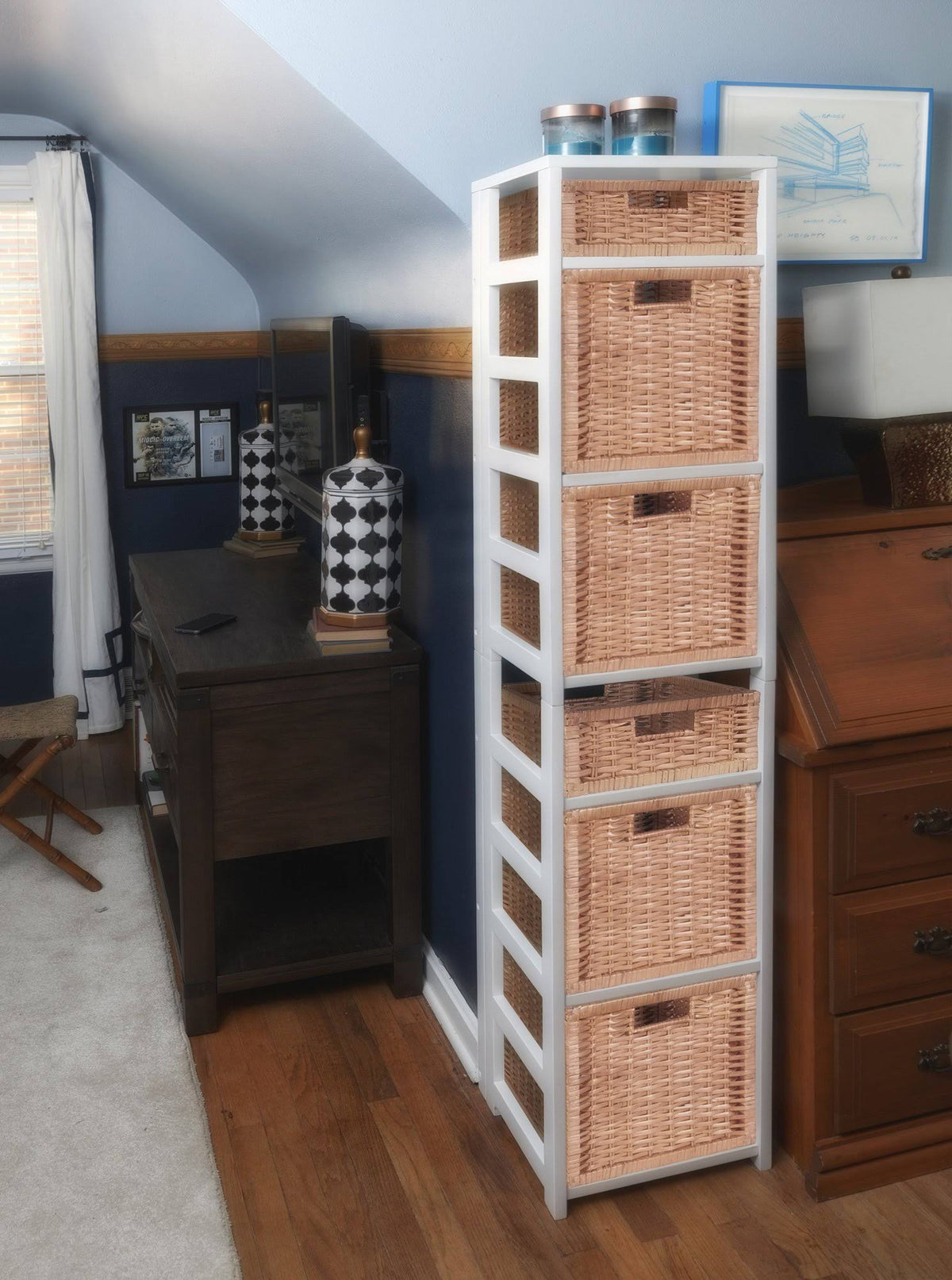 White/Natural Square Folding Bookcase with Wicker Storage Baskets X349