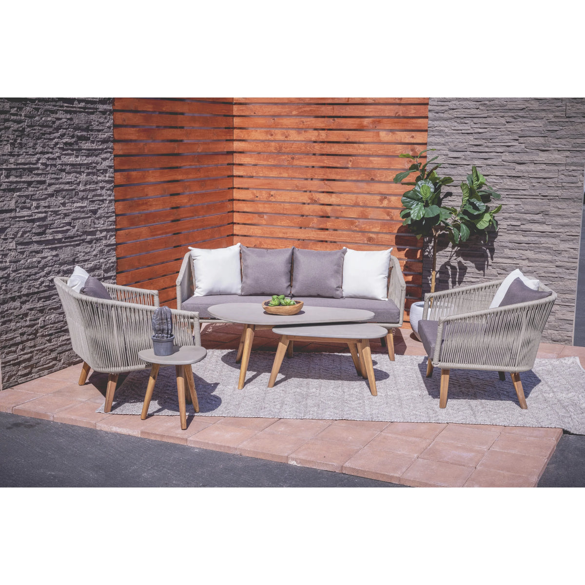Gray Woven Rope Wood Outdoor Sofa with Polyester Cushions B466