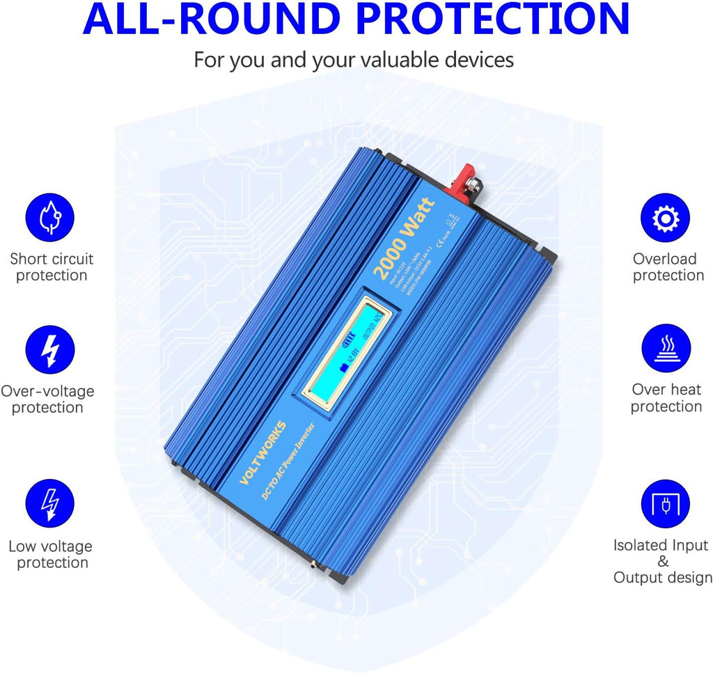 2000W DC 12V to AC 120V Modified Sine Wave Inverter with LCD Display Remote Control 3 AC Outlets Dual 2.4A USB Ports Q318121