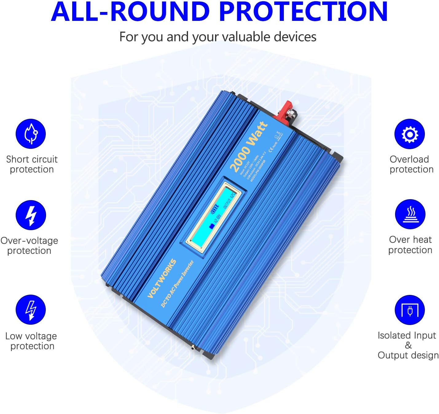 2000W DC 12V to AC 120V Modified Sine Wave Inverter with LCD Display Remote Control 3 AC Outlets Dual 2.4A USB Ports Q318121