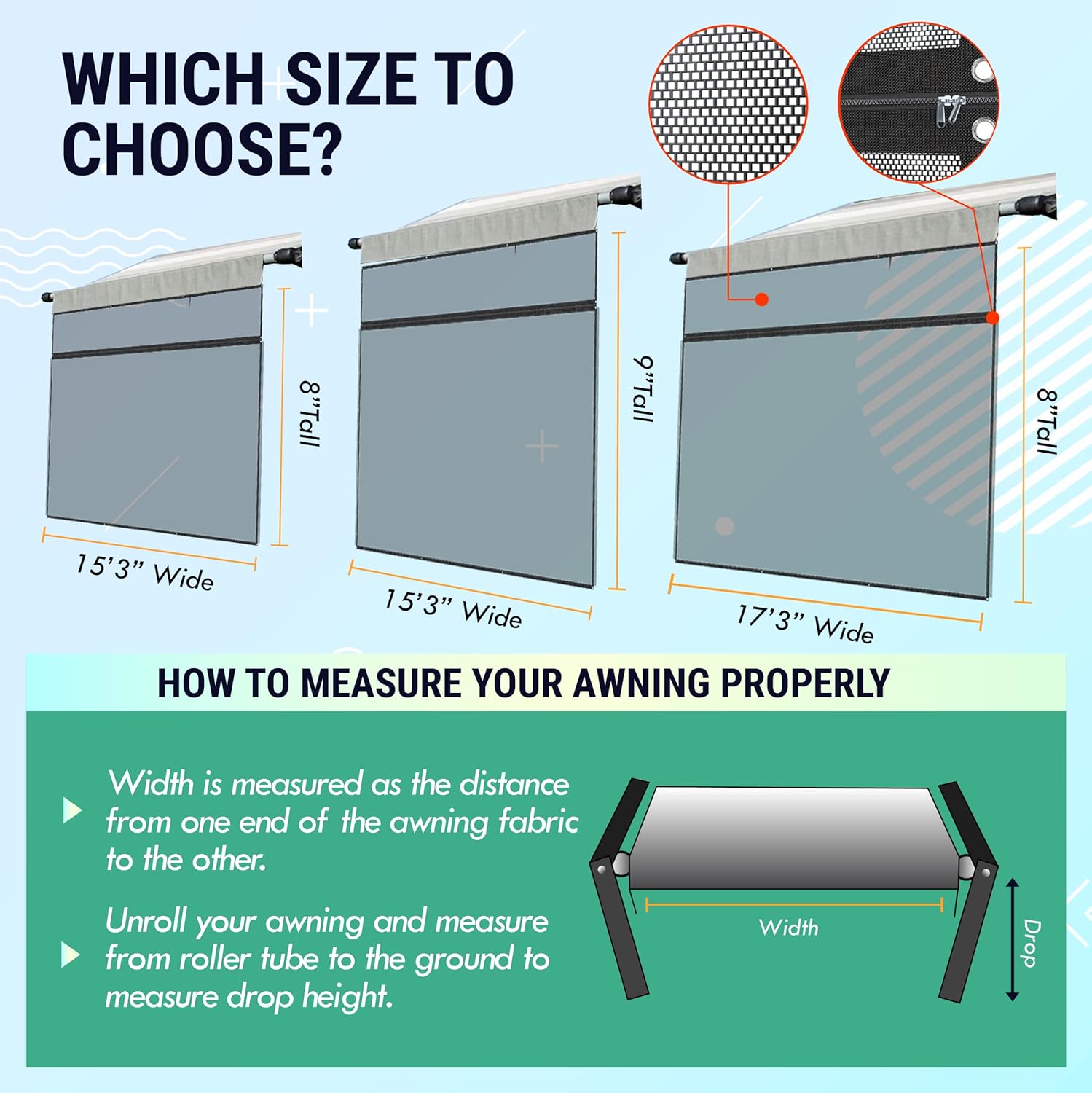 RV Awning Shade Screen 9x15.3’ with Zipper B575