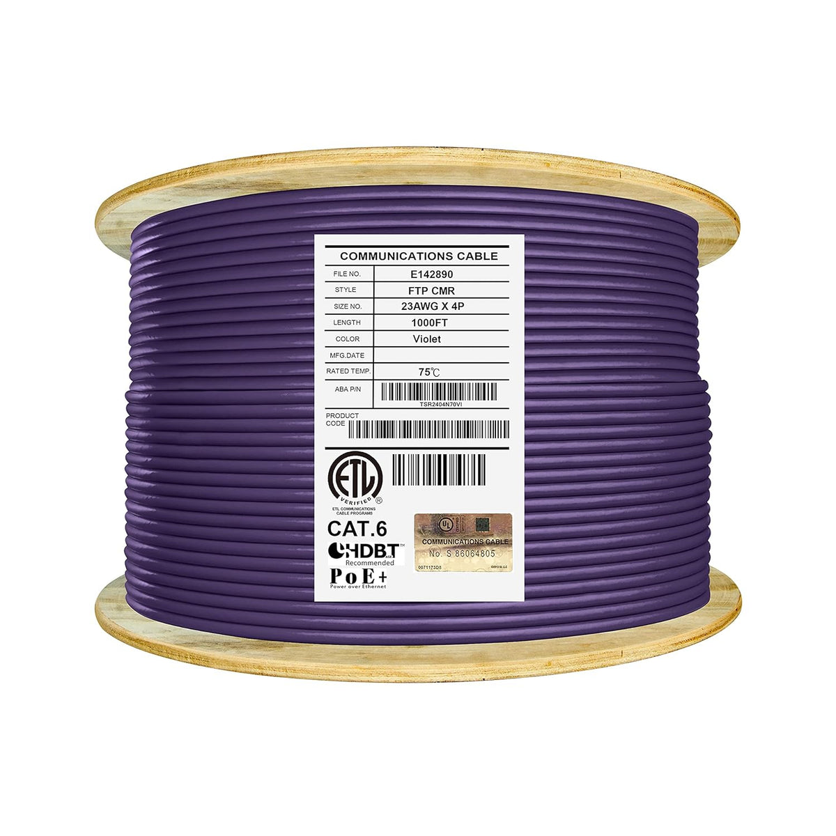 Bulk Ethernet Cable Reel, Cat6 Shielded Riser, 1000ft, Black U11535