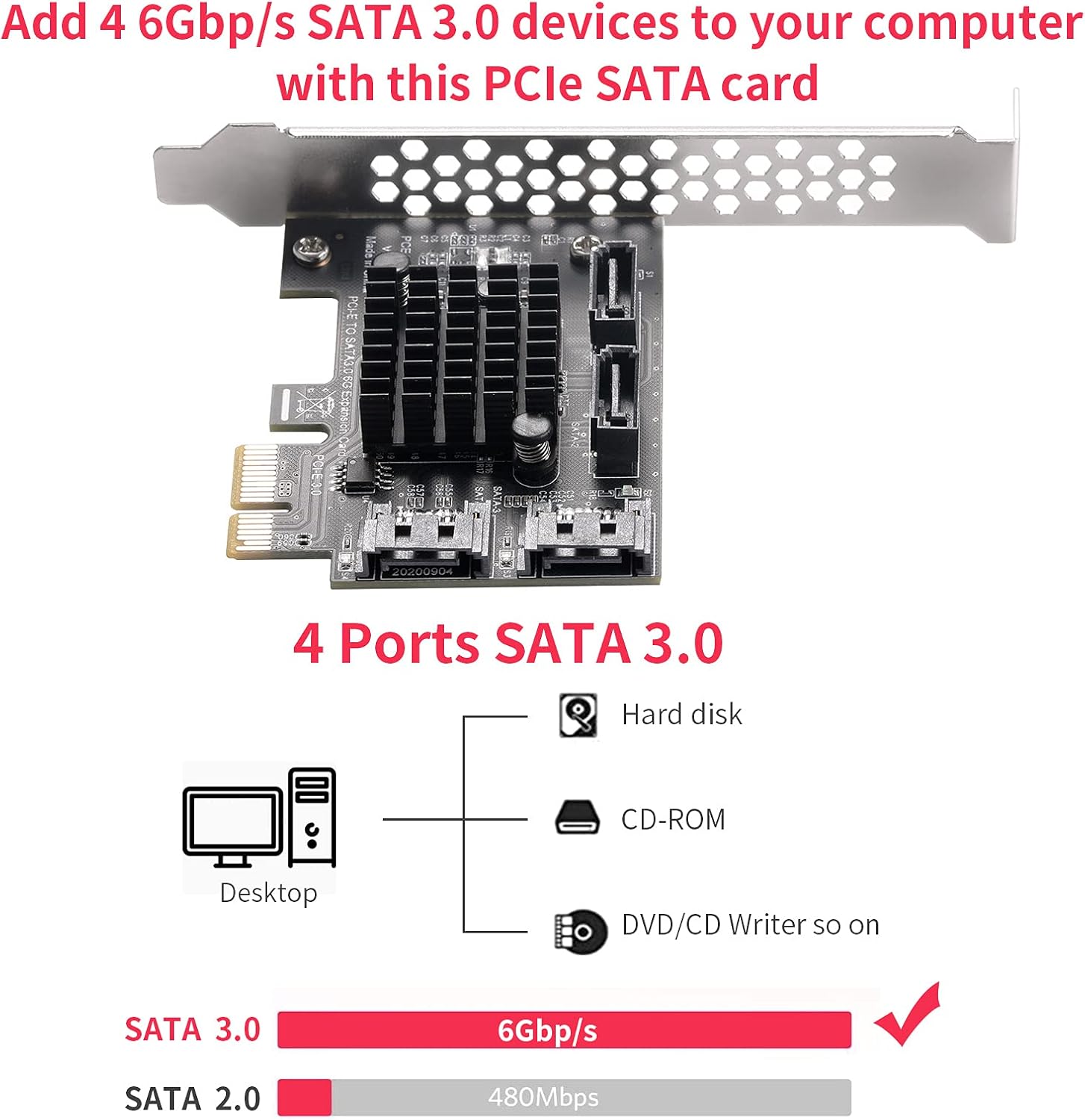 PCIe SATA Card 4 Ports, SATA III 6 Gbps Controller Expansion Card, Non-Raid, with Low Profile Bracket A82600