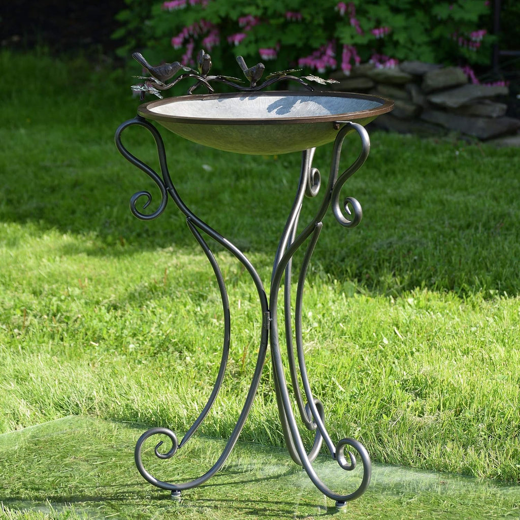 Galvanized Birdbath with Cast Iron Bird Accents X882764