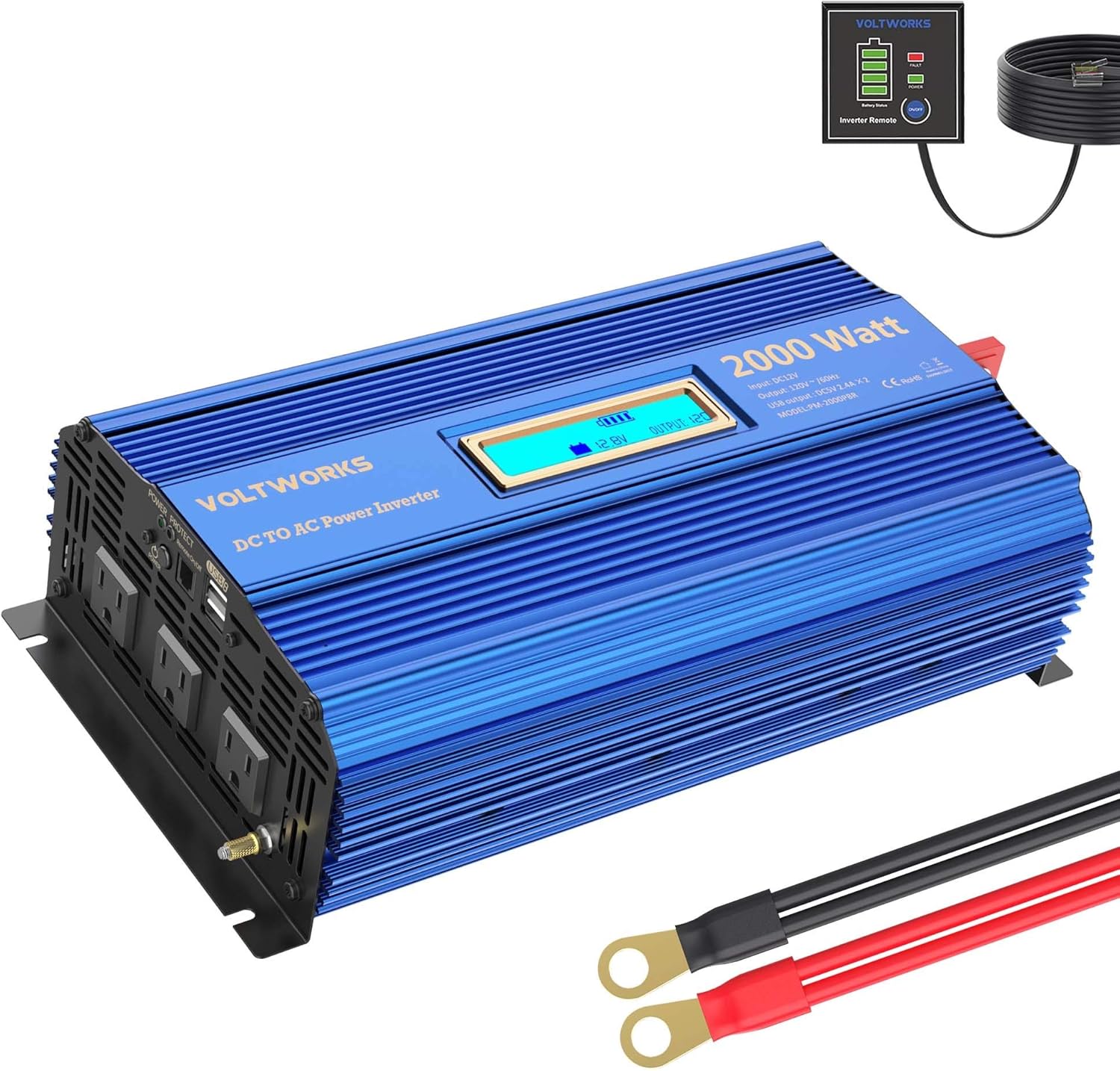 2000W DC 12V to AC 120V Modified Sine Wave Inverter with LCD Display Remote Control 3 AC Outlets Dual 2.4A USB Ports Q318121