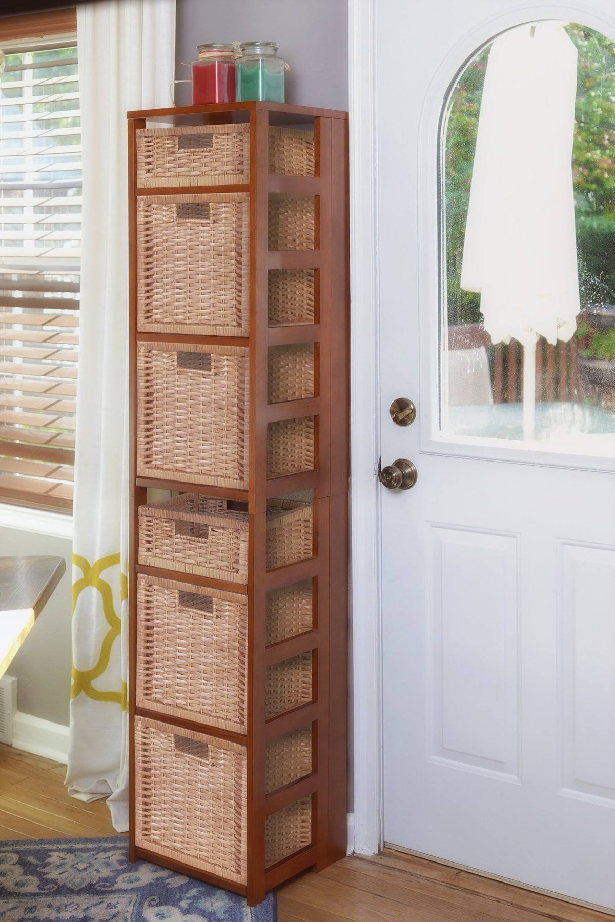 White/Natural Square Folding Bookcase with Wicker Storage Baskets X349