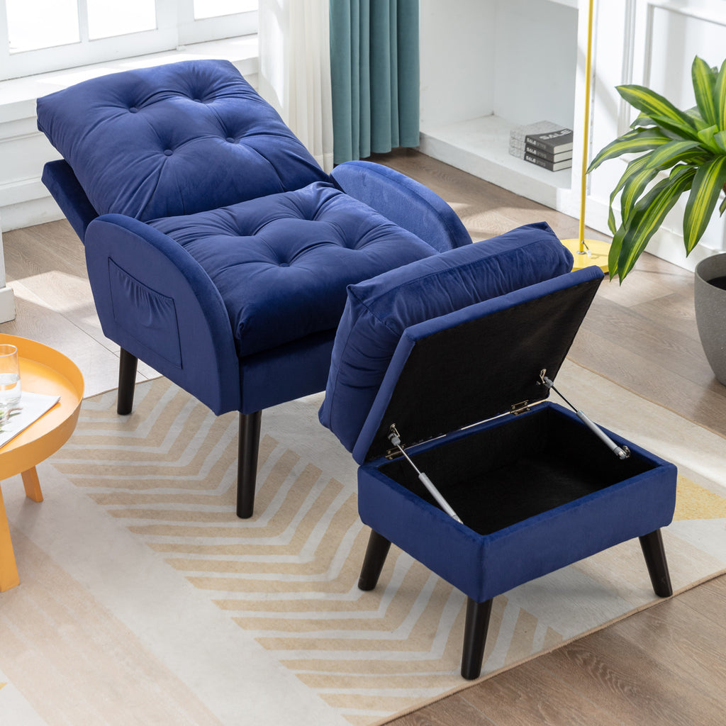 Blue Velvet Accent Recliner Chair with Ottoman with Storage Y8941