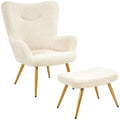 Ivory Boucle Accent Chair and Ottoman Set with Golden Metal Legs I17523