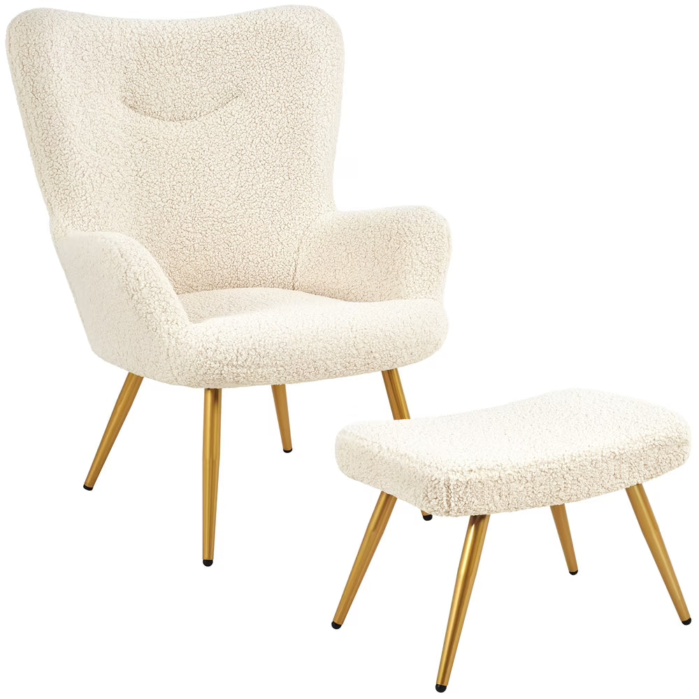 Ivory Boucle Accent Chair and Ottoman Set with Golden Metal Legs I17523