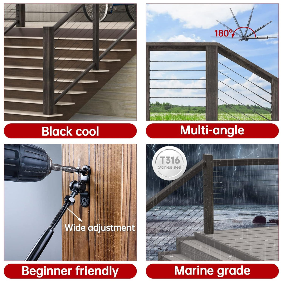 Black Cable Railing Kit 10 Set T316 Stainless Steel Hardware R1649