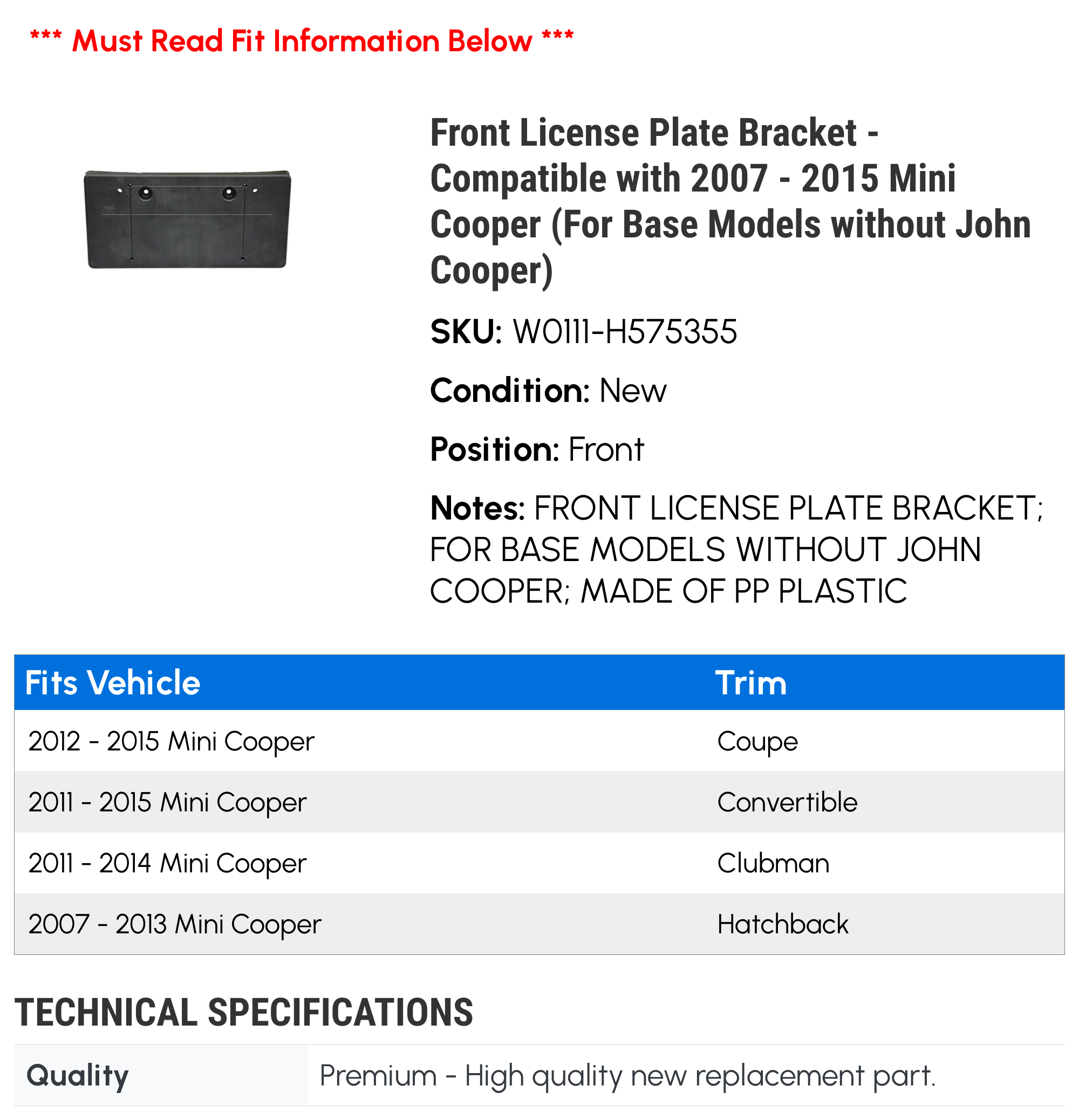 Front License Plate Bracket for Mini Cooper B92112