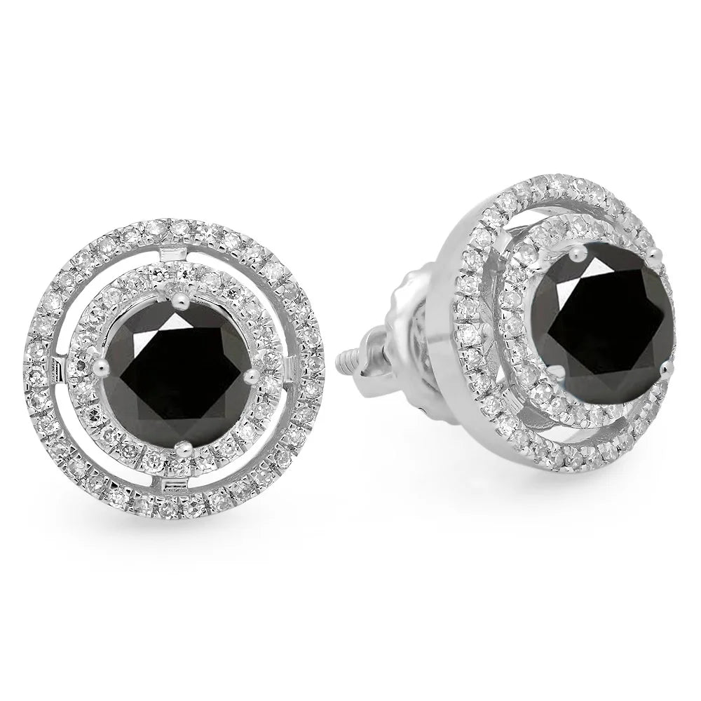 14K White Gold Round Black & White Diamond Halo Stud Earrings M6129