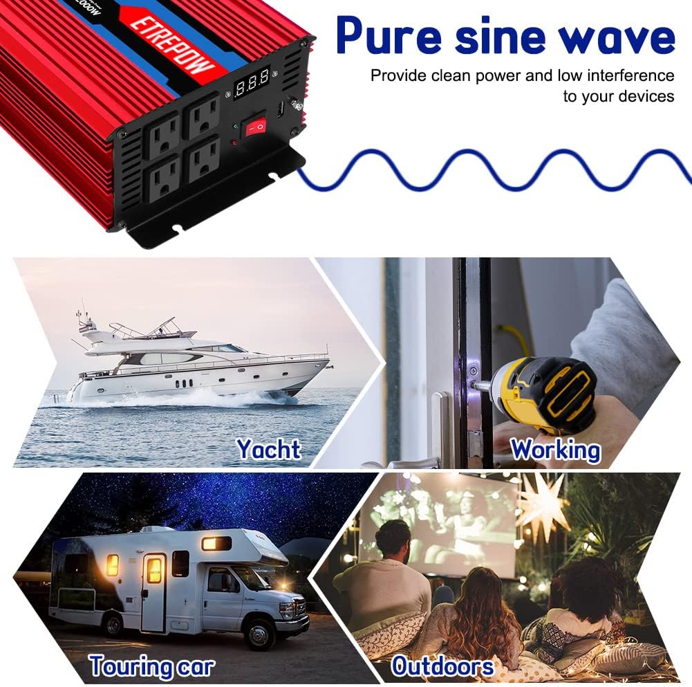 1000 Watt Pure Sine Wave Power Inverter 12V DC to 110V AC B703085
