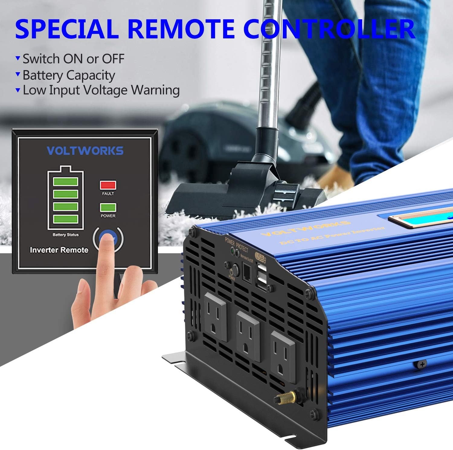 2000W DC 12V to AC 120V Modified Sine Wave Inverter with LCD Display Remote Control 3 AC Outlets Dual 2.4A USB Ports Q318121