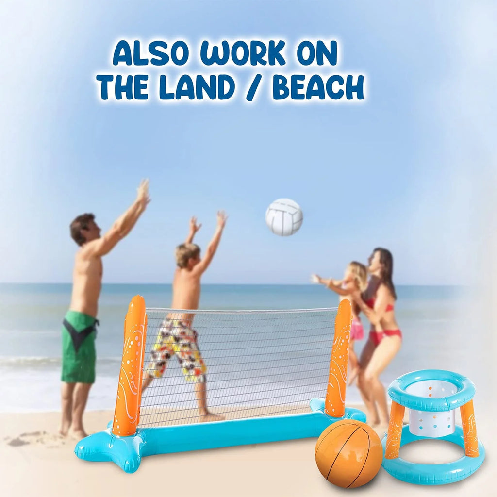 2-in-1 Floating Pool Volleyball Set & Basketball Hoop with Net, Weight Bags, Inflatable, Light Blue A2056