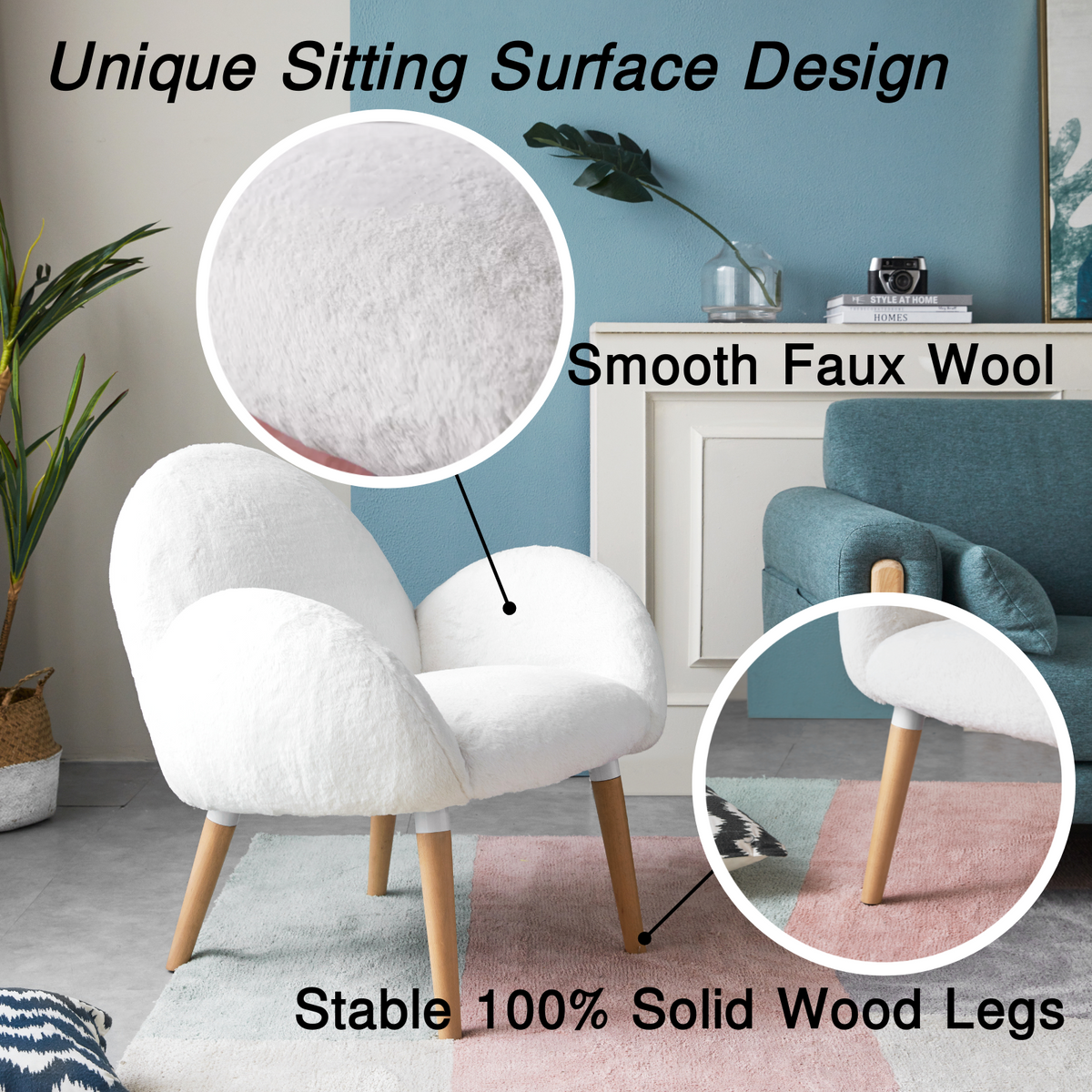 Sherpa Chair Faux Wool White Solid Wood Frame Arm Chair H325132