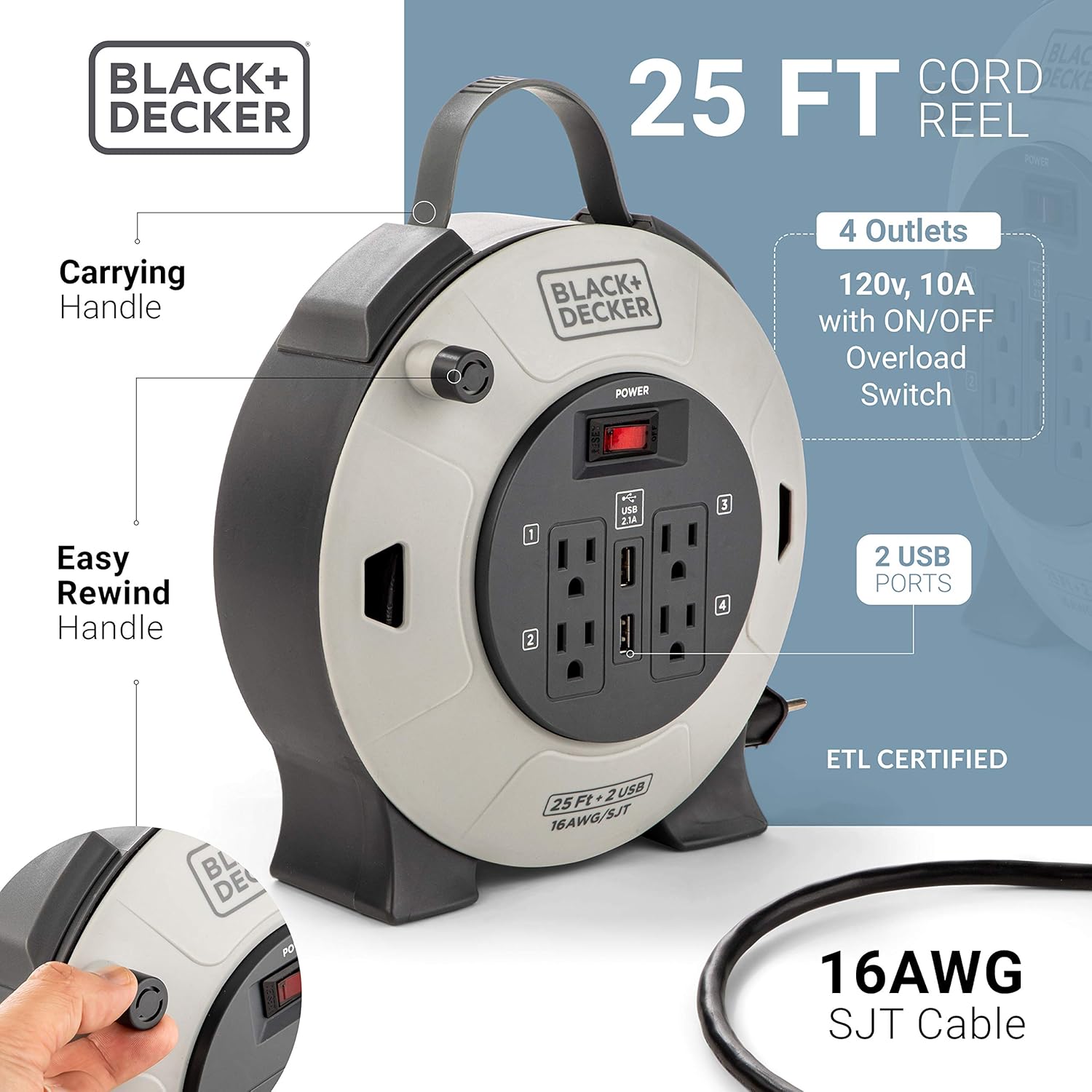 Retractable Extension Cord, 25 ft, 4 Outlets, 2 USB Ports, 16AWG SJT Cable D381621