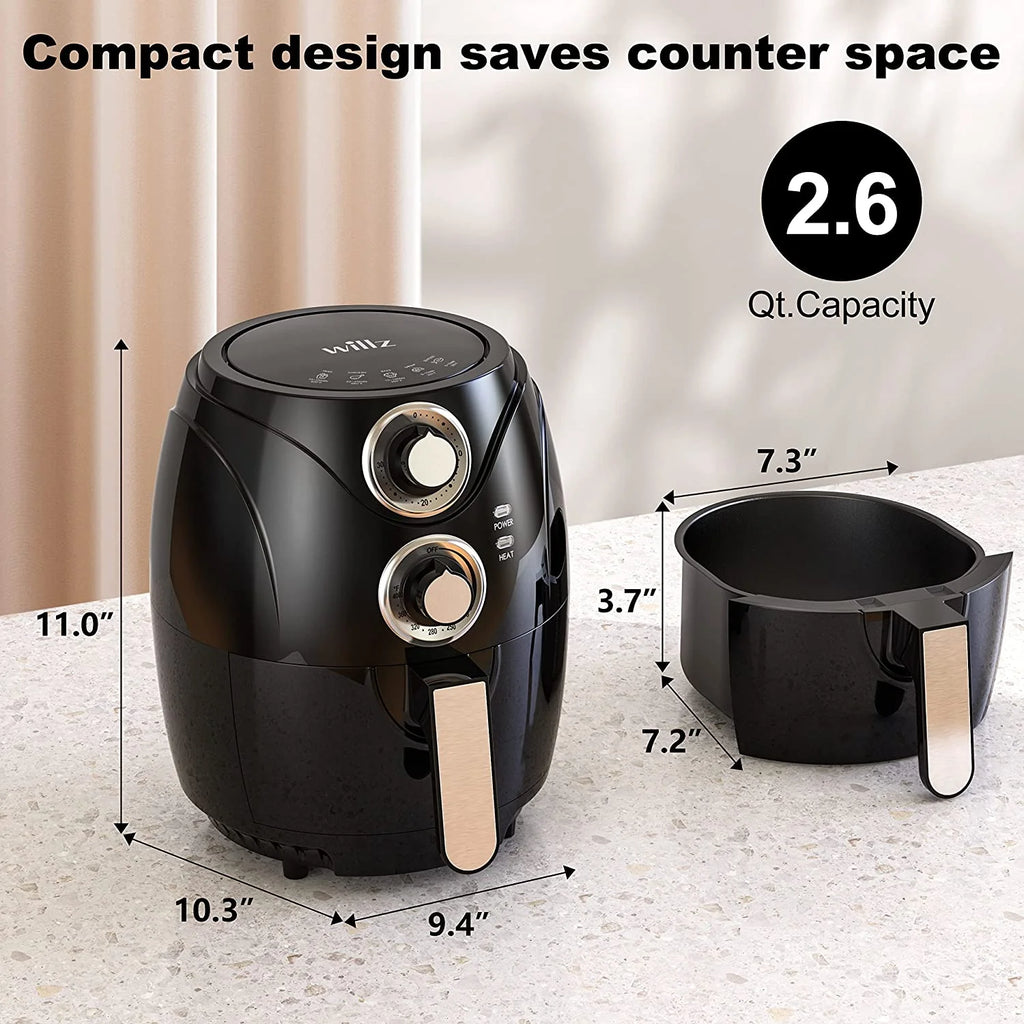 Compact Electric Air Fryer, Non-Stick Basket, 2.6 Quart, 1200W, Black J218