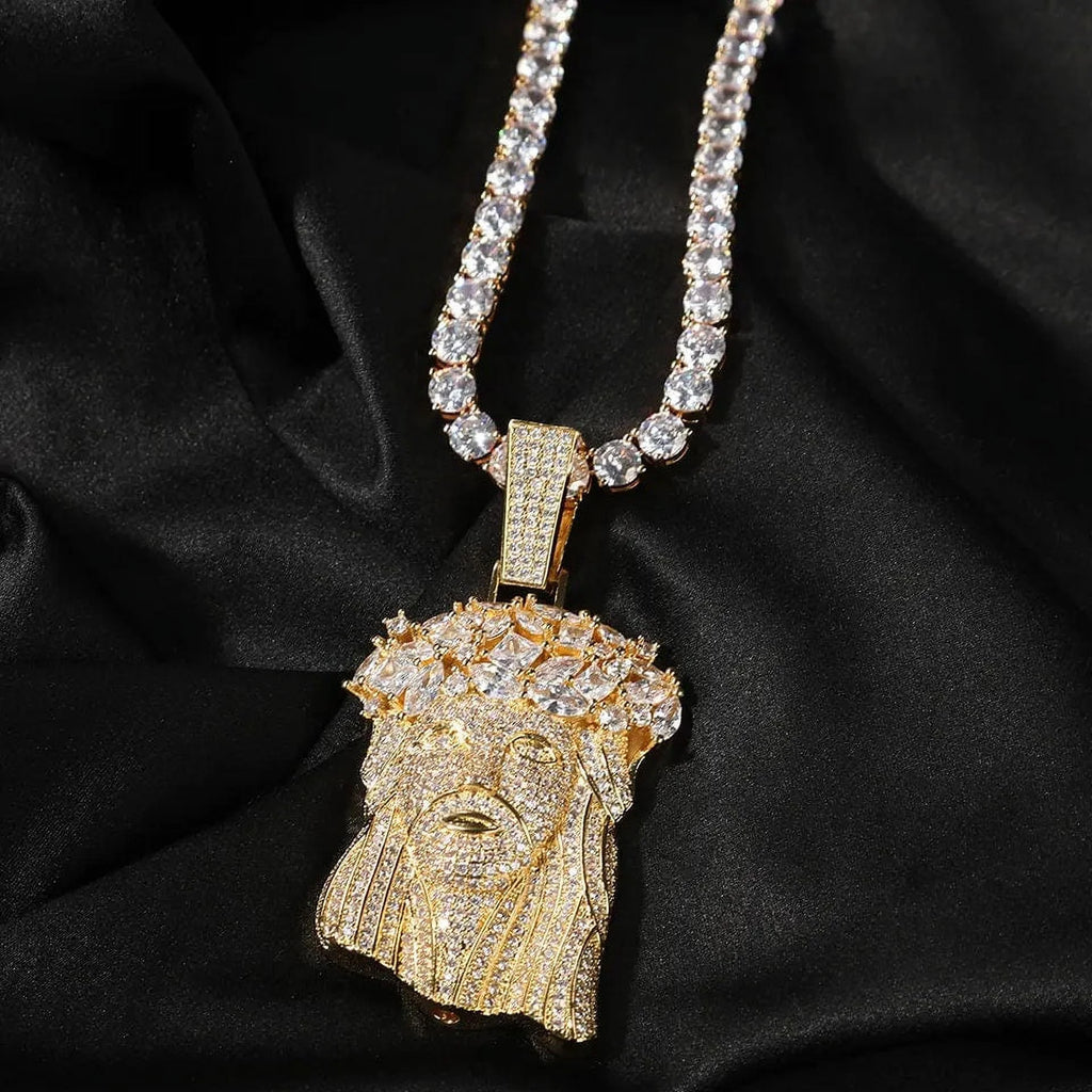 14K Gold Finish Simulated Diamond Religious Charm Pendant Necklace W704
