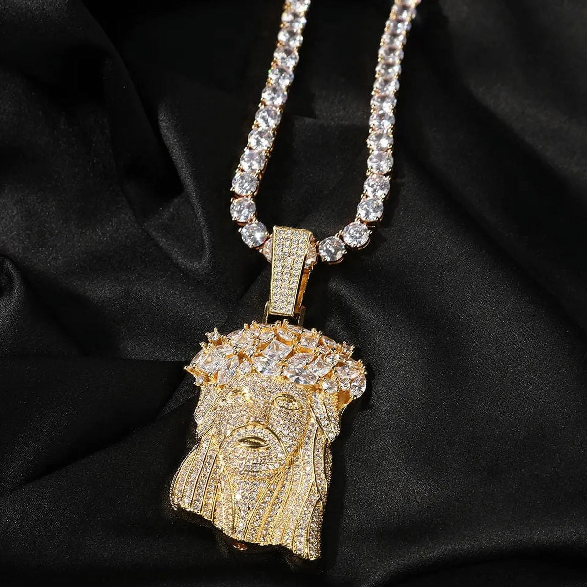 14K Gold Finish Simulated Diamond Religious Charm Pendant Necklace W704