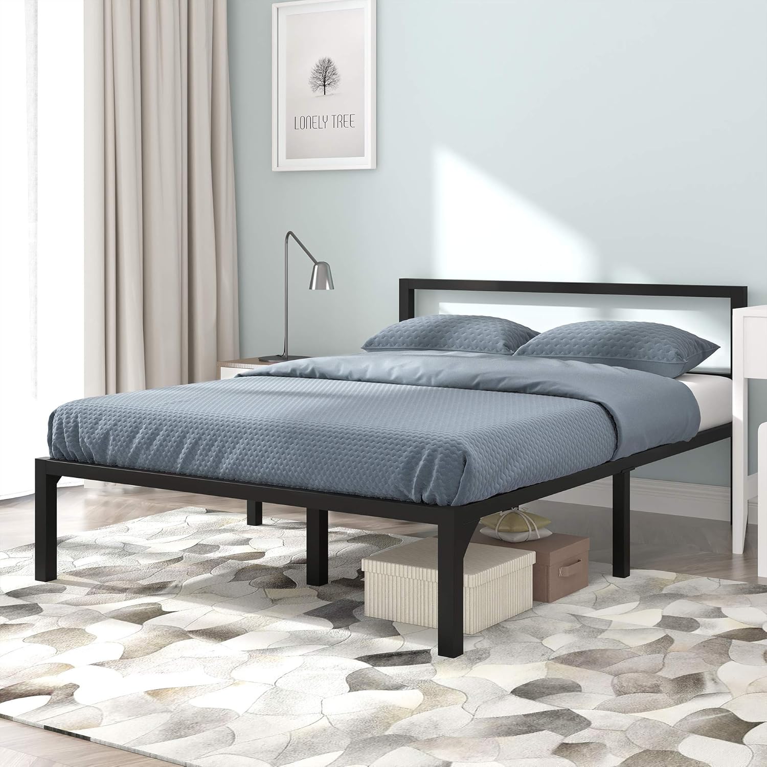 Full Size Black Metal Platform Bed Frame with Headboard S3223