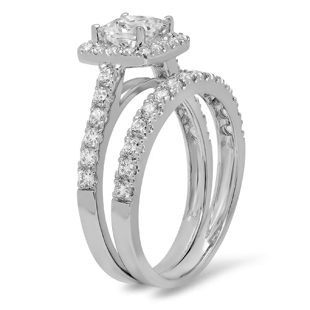 18K White Gold Halo Engagement Ring with Crystal Side Stones Y460