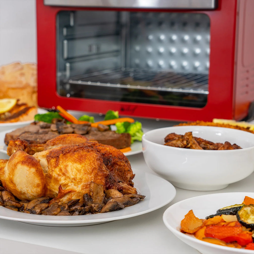 Red Stainless Steel Countertop Toaster Oven with Air Fryer and Rotisserie Assembly M5217