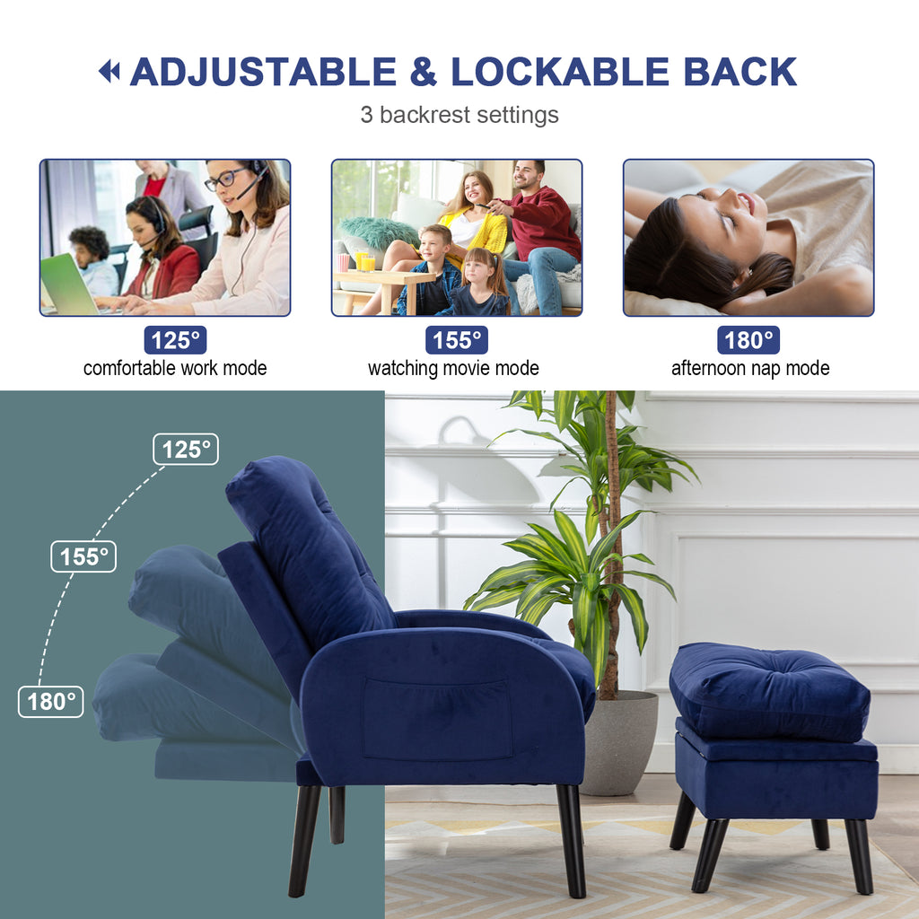 Blue Velvet Accent Recliner Chair with Ottoman with Storage Y8941