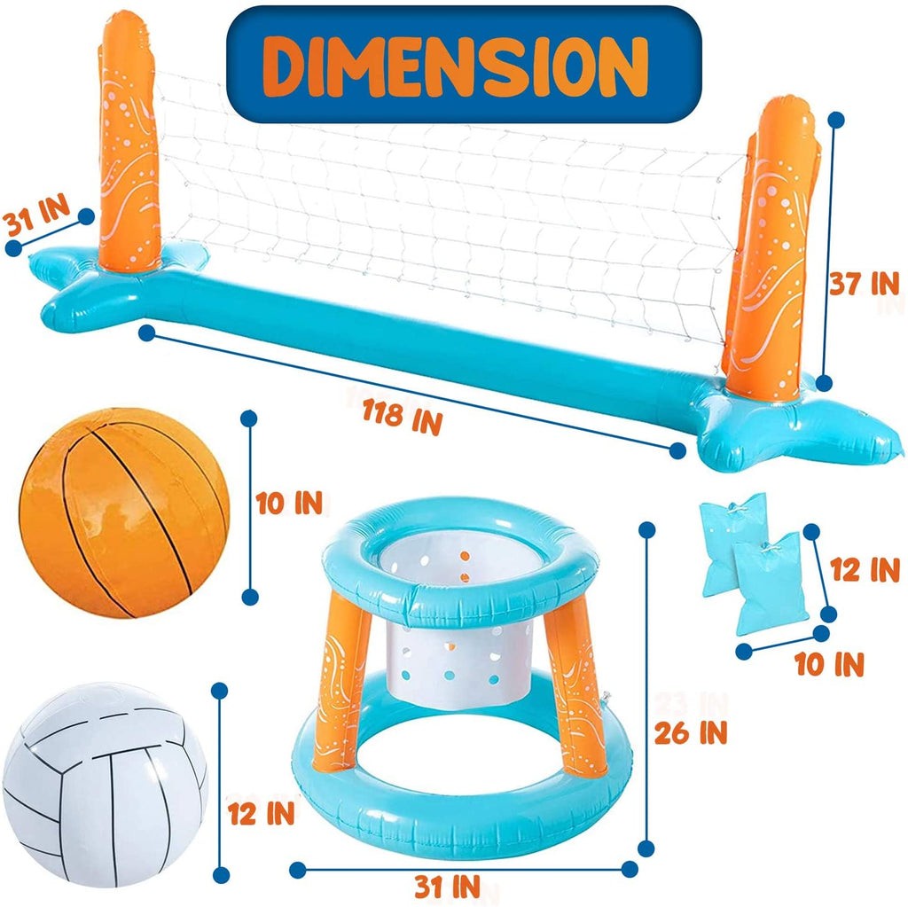 2-in-1 Floating Pool Volleyball Set & Basketball Hoop with Net, Weight Bags, Inflatable, Light Blue A2056