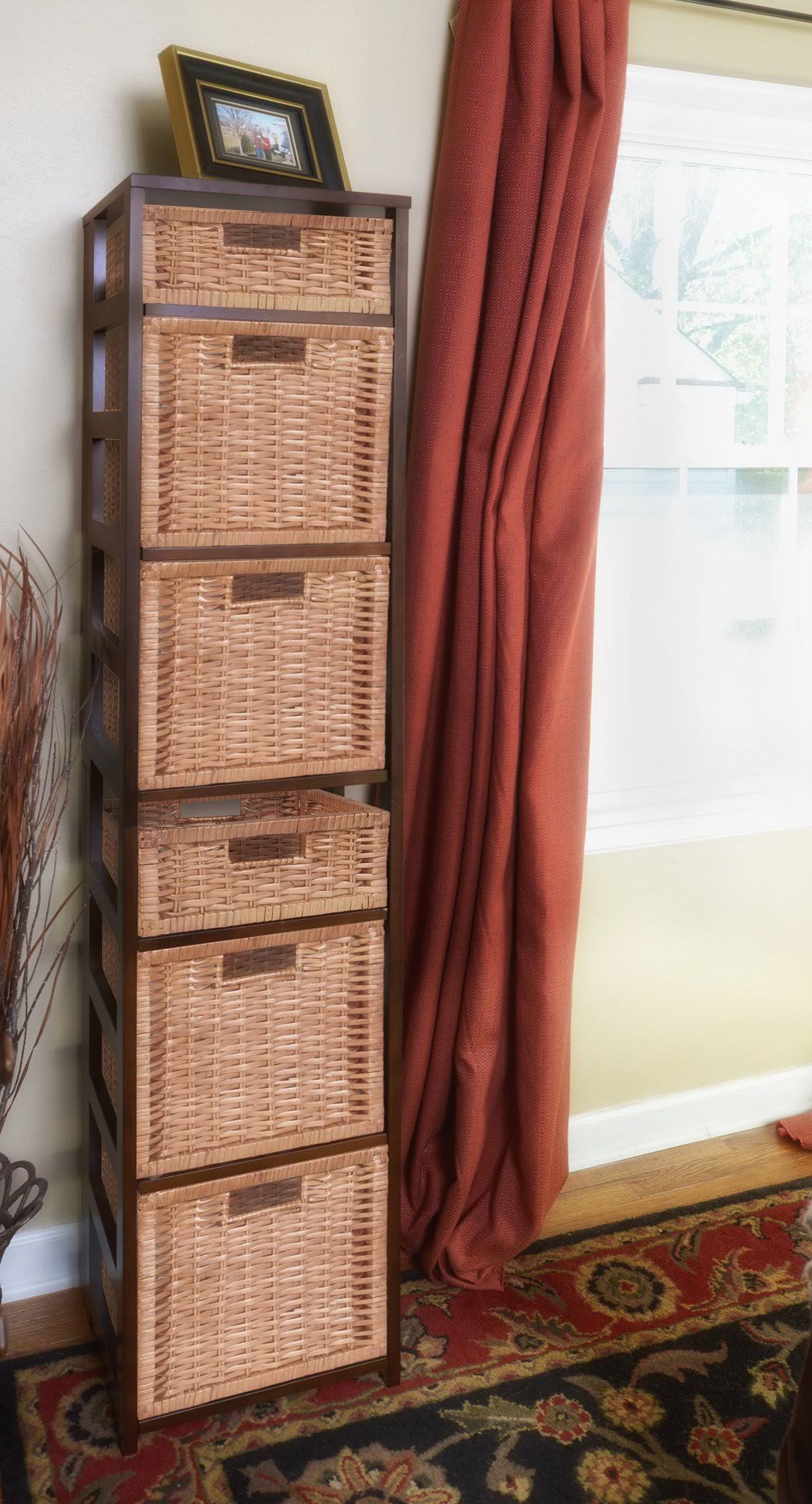 White/Natural Square Folding Bookcase with Wicker Storage Baskets X349