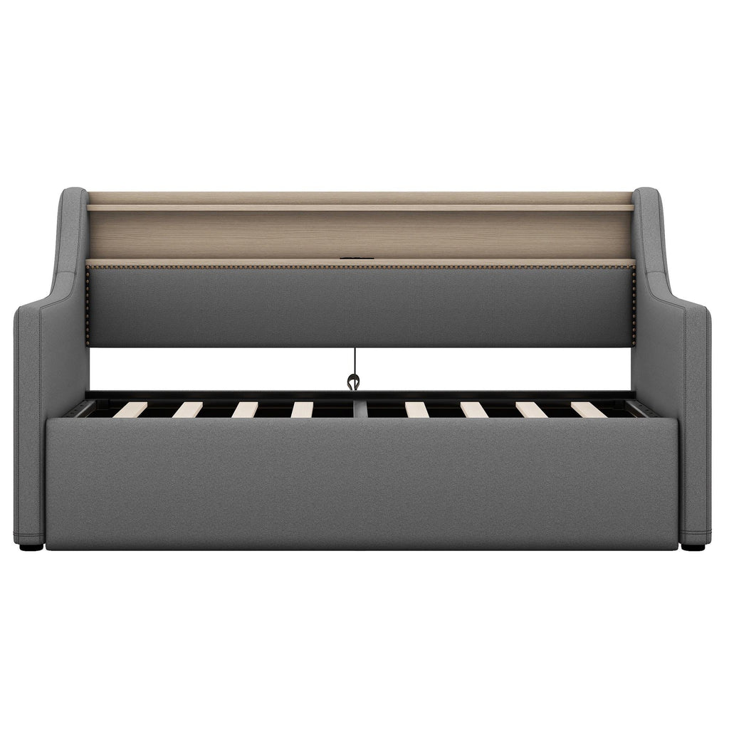 Twin Size Upholstered Sofa Bed Frame with Hydraulic Storage and LED Lights P387842