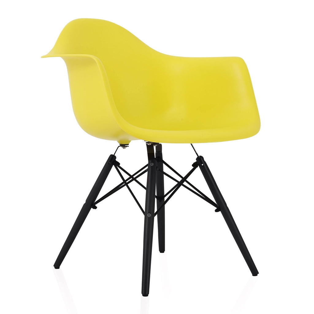 Light Yellow Molded Plastic Dining Arm Chair with Black Wood Legs V482