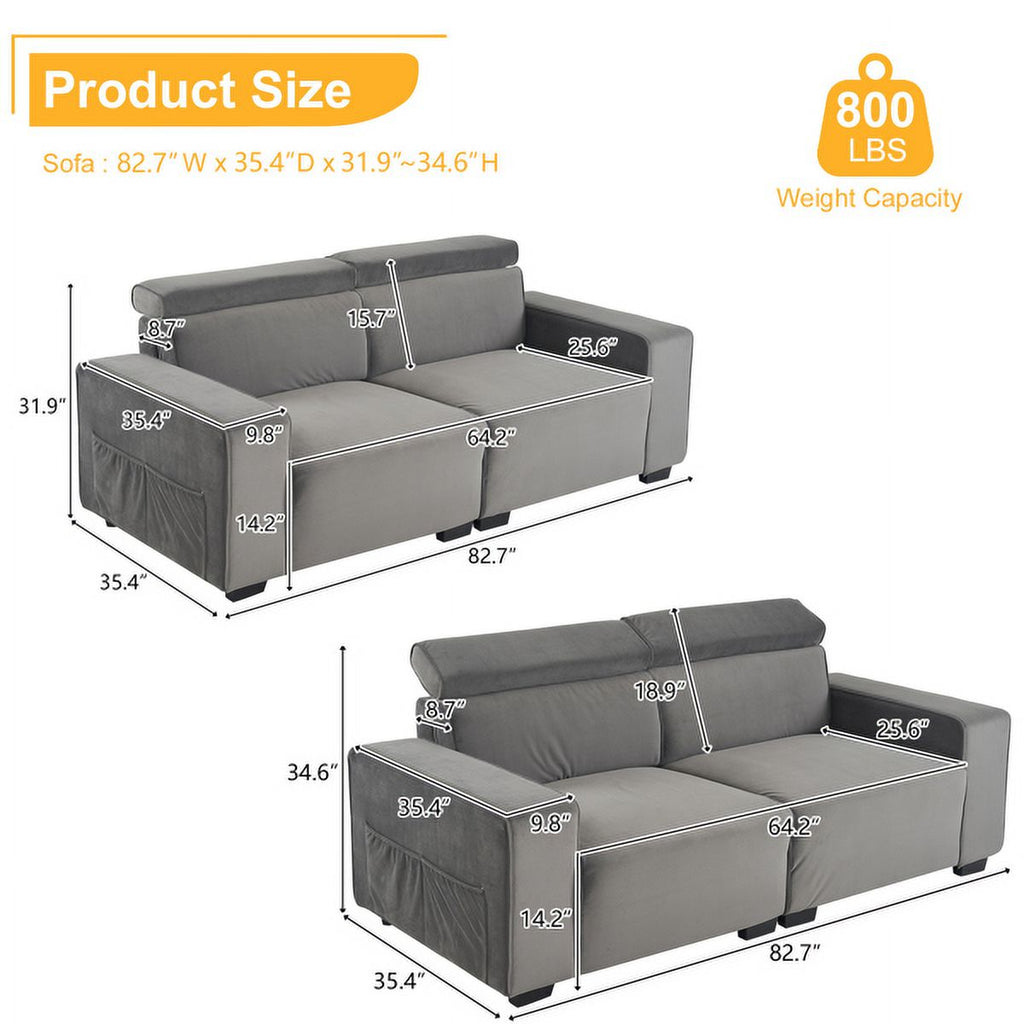 Dark Gray Velvet Two-Seater Sofa with Side Pockets R9317