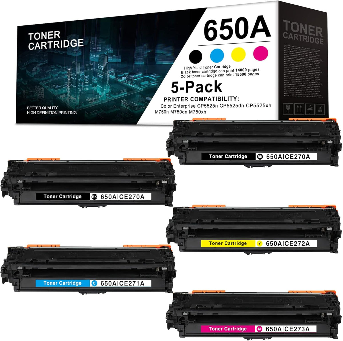 5 Pack Remanufactured Toner Cartridge for HP Color Enterprise CP5525n CP5525dn CP5525xh M750n M750dn M750xh D79924