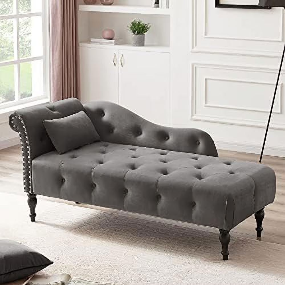 Grey Velvet Tufted Chaise Lounge Chair with Pillow O26680
