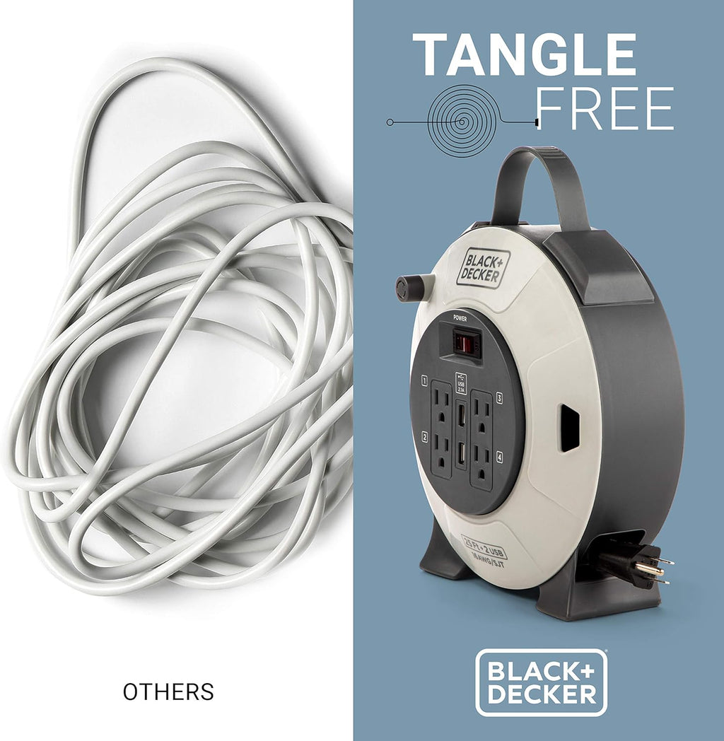 Retractable Extension Cord, 25 ft, 4 Outlets, 2 USB Ports, 16AWG SJT Cable D381621