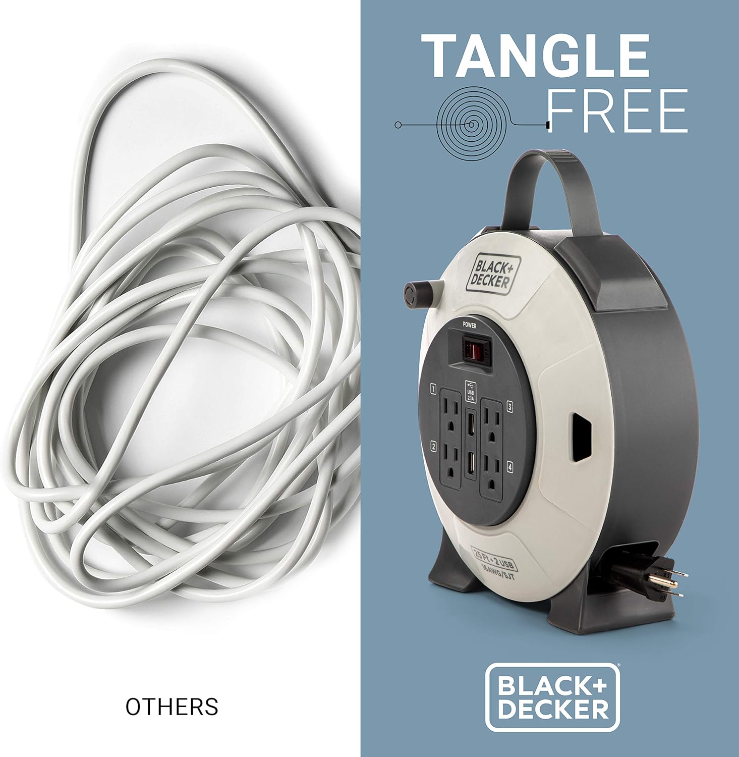Retractable Extension Cord, 25 ft, 4 Outlets, 2 USB Ports, 16AWG SJT Cable D381621