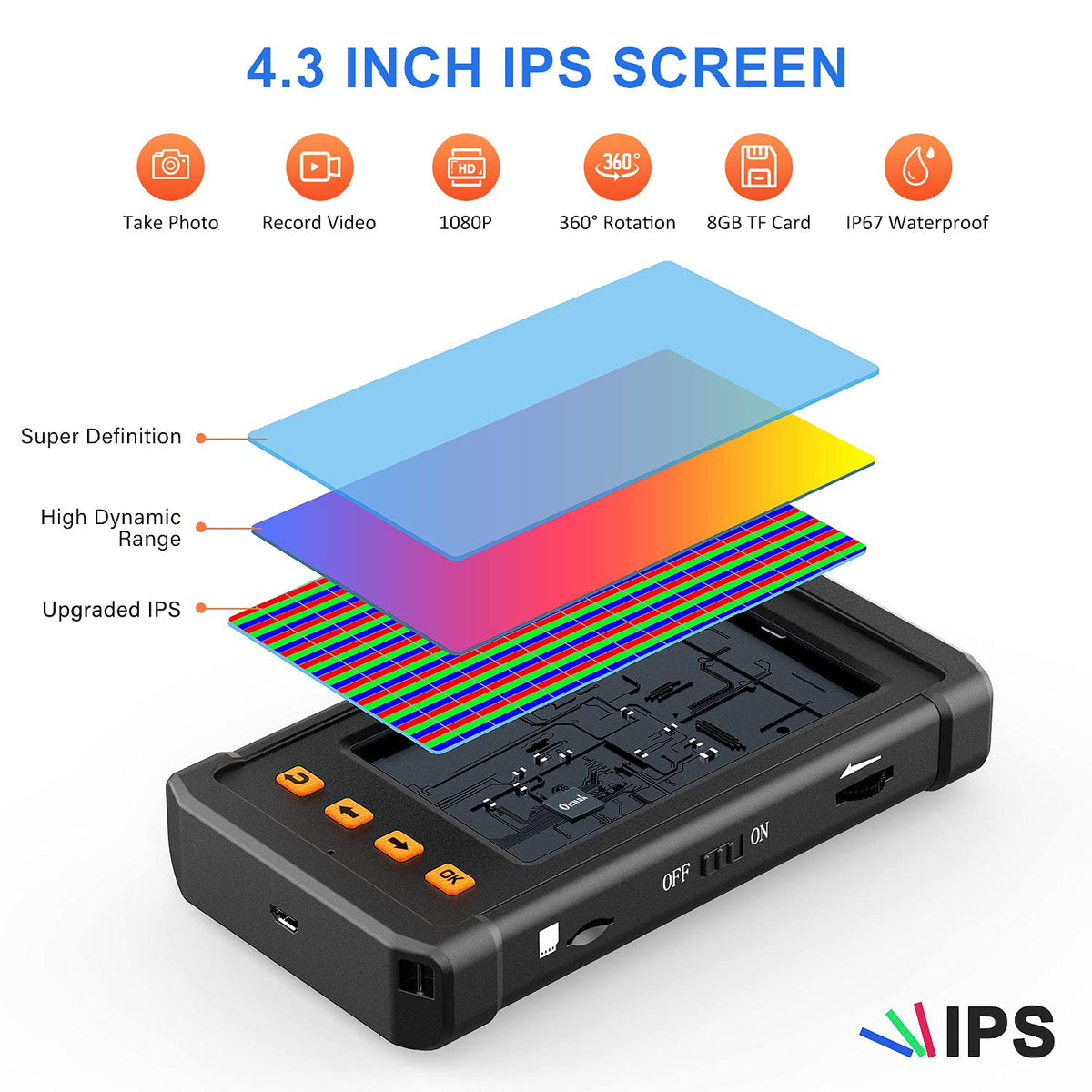 Industrial Endoscope Camera 5.5mm Waterproof 1080P HD 4.3 Screen with Light, 11.5FT Cable P4592