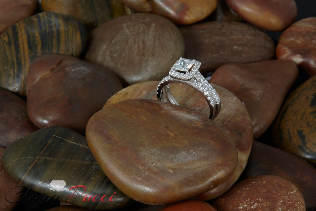 18K White Gold Halo Engagement Ring with Crystal Side Stones Y460