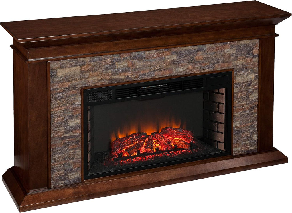 White Faux Stacked Stone Electric Fireplace J22654