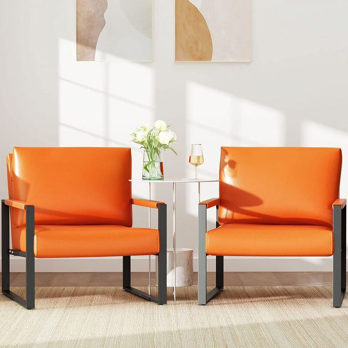 Set of 2 Orange PU Leather Armchairs with Steel Frame M40223