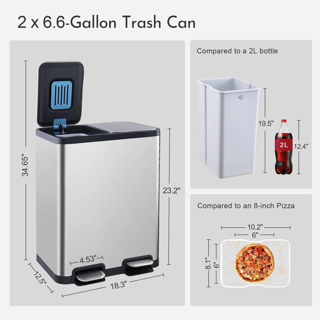 Dual Compartment Recycling Step Trash Can 13.2 Gallon Stainless Steel with 2 Removable Buckets and Lids T191508