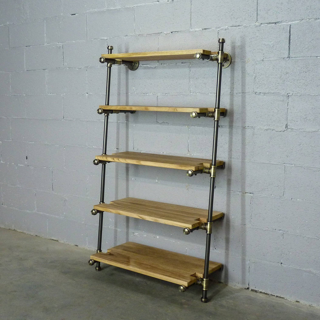 35-Inch Leaning Bookcase Brass Gray Metals with Natural Wood E5037