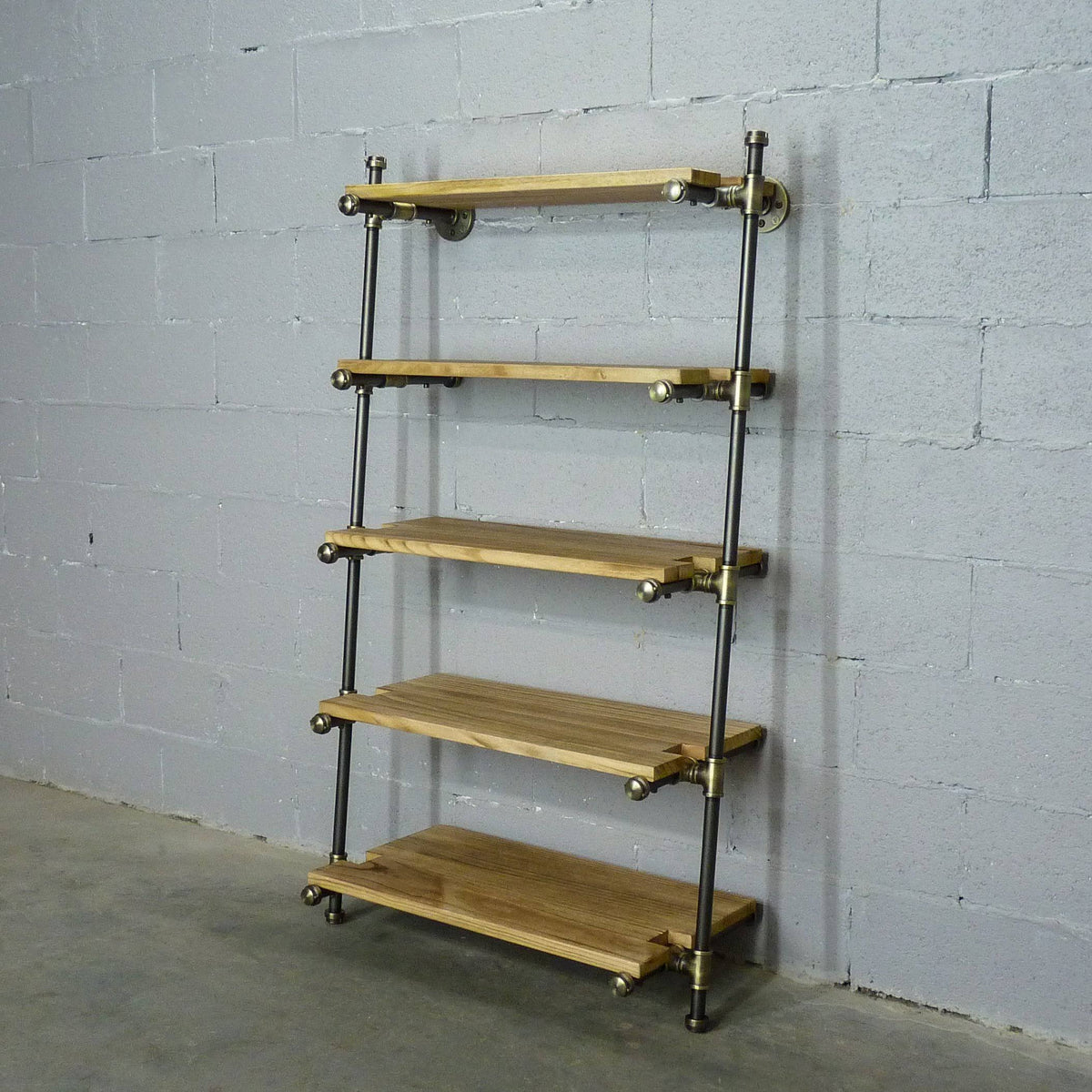 35-Inch Leaning Bookcase Brass Gray Metals with Natural Wood E5037