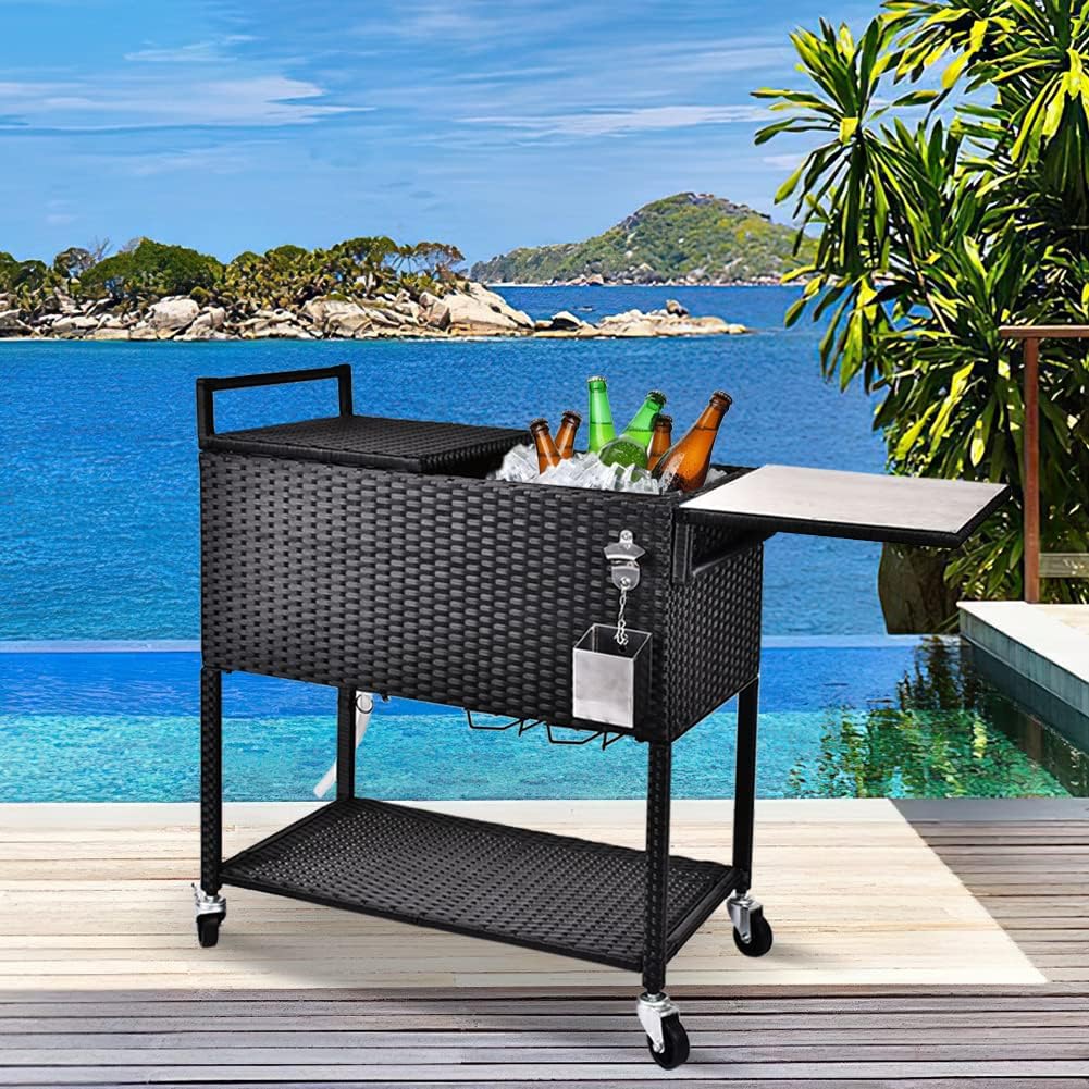80 Quart Rattan Rolling Cooler Cart with Cutting Board Q815460