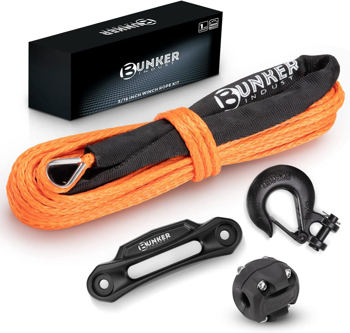 Synthetic Winch Rope Kit, 3/8 x 100', 23809LBS, with Protective Sleeve, Fairlead, Hook, Orange T161406